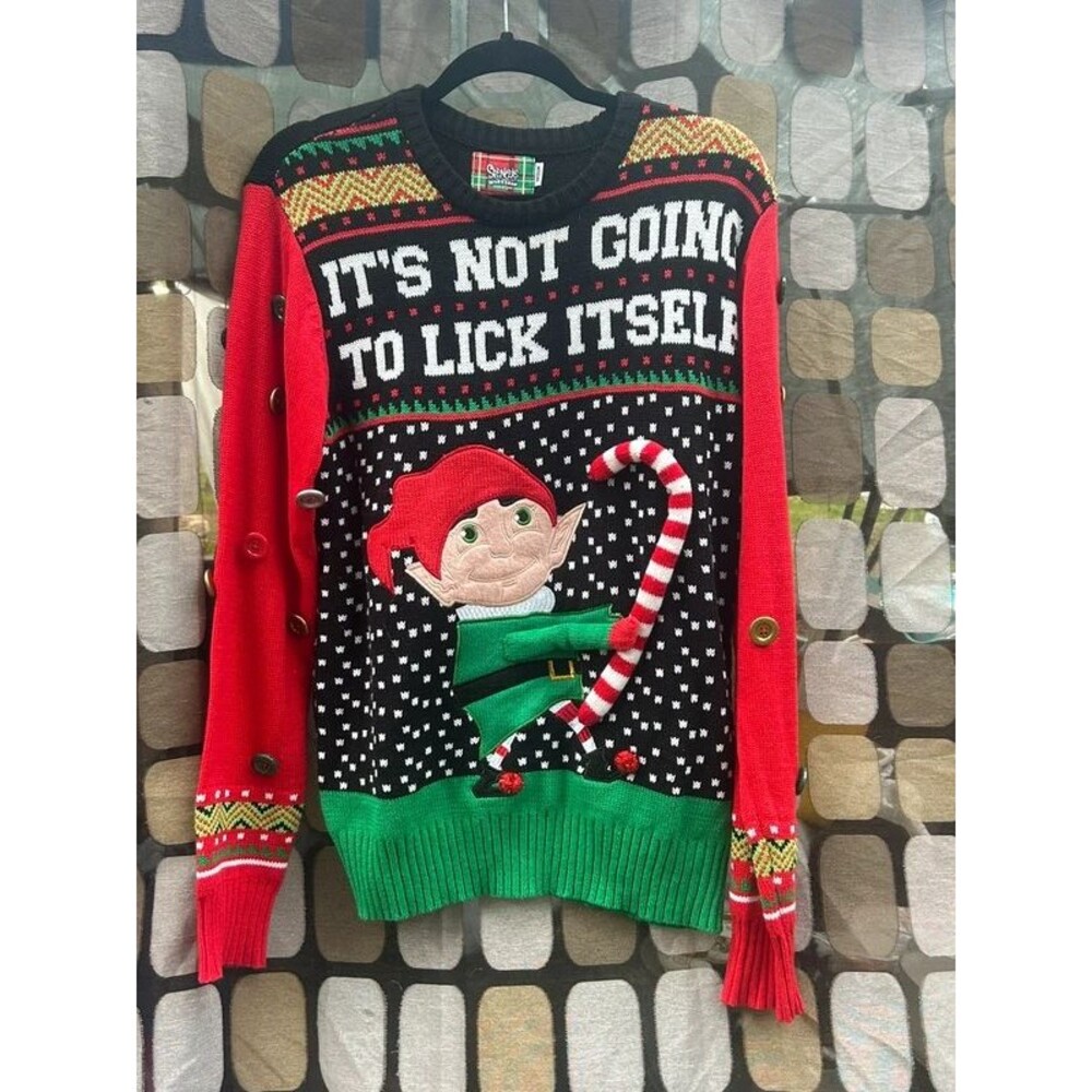 Spencer’s Workshop Elf Christmas Ugly Candy Cane Sweater